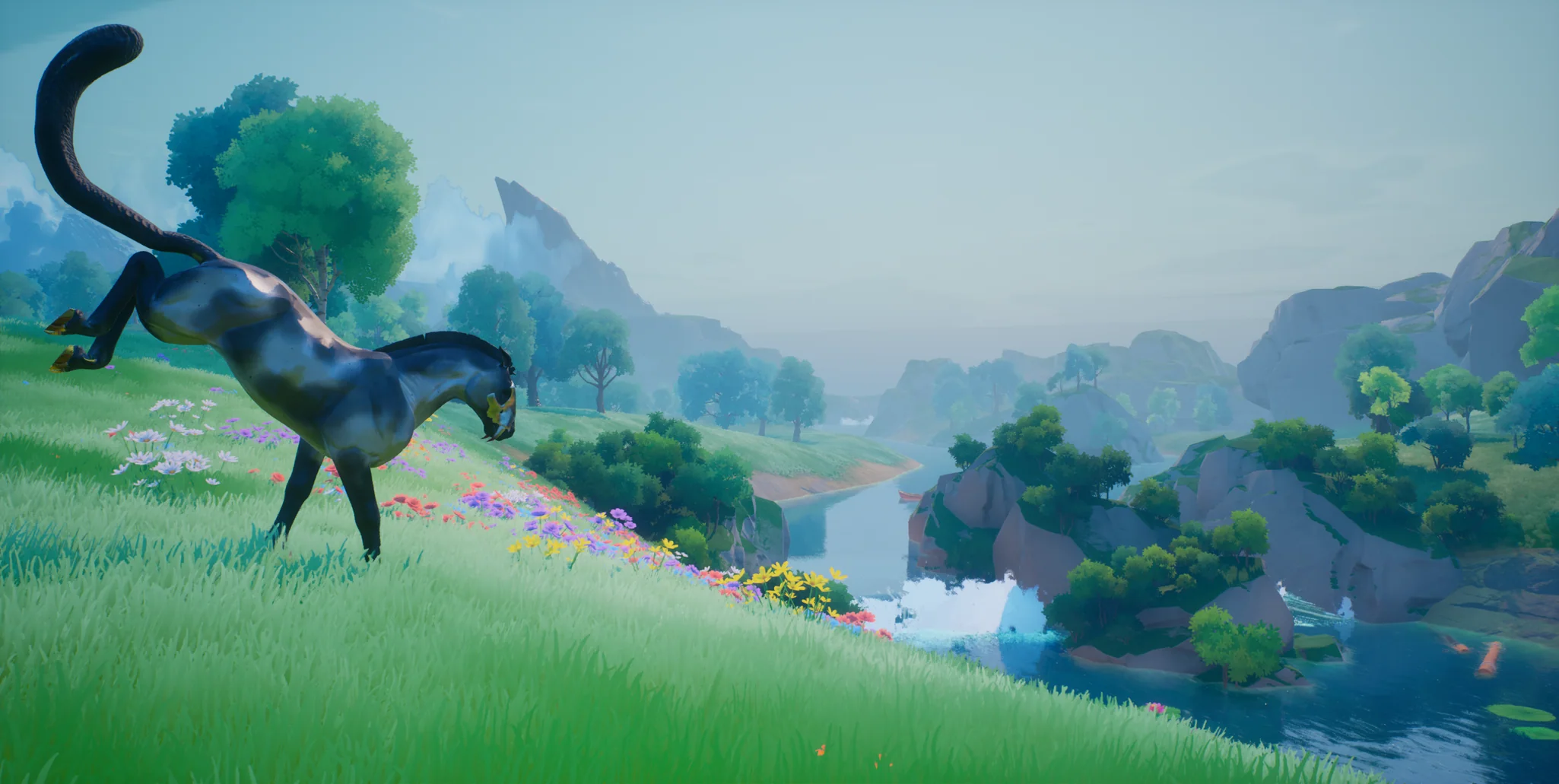The Haddix, an athletic dark soul-beast, bounding through a green meadow
