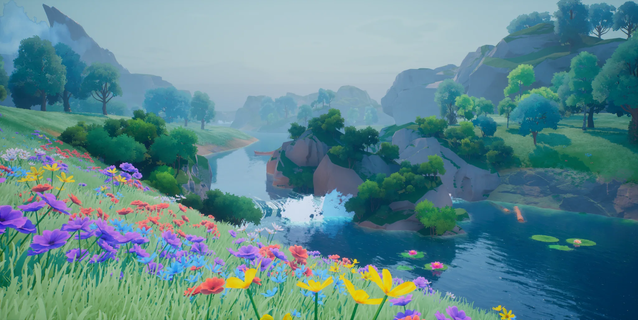 Wildflowers and a river winding through lush landscapes in ATHOLITE